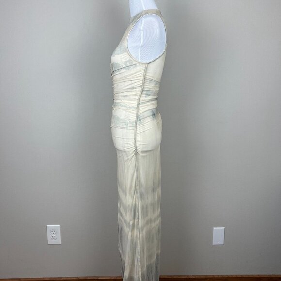 Zara Maxi Dress Womens XS Cream Gray Ruched One Shoulder Long‎ Sleeve Mesh Y2K - Picture 9 of 15